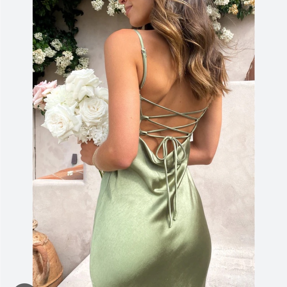 Billy J Bridesmaid Elegant Maxi Olive Green Satin Dress with Lace-Up Back